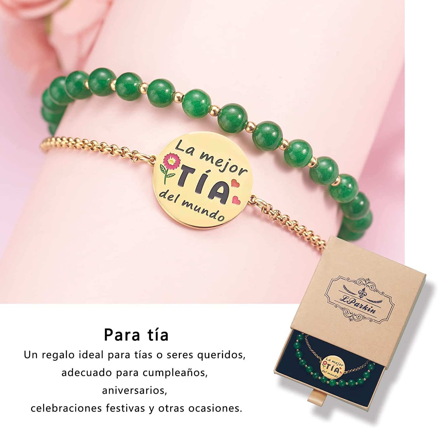 LParkin Doble Cuenta Pulsera Regalos la mejor Tía del mundo, Pulsera Personalizada Mujer Acero Inoxidable Ajustable, Regalo Cumpleaños Original, Oro