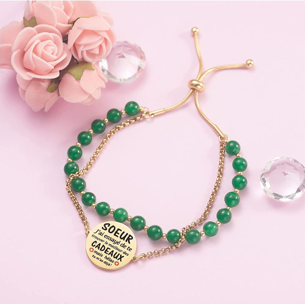 LParkin Double Perlage Bracelet Soeur Acier Inoxydable Réglable, Cadeau Soeur Original Anniversaire Noel, Ornements Pour Soeur, Or