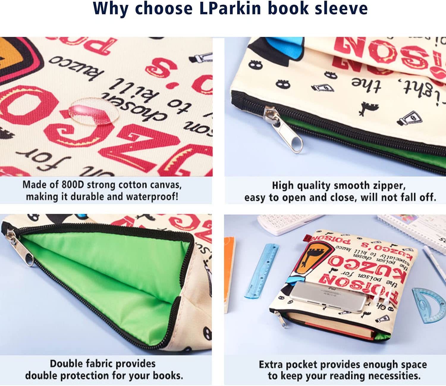 LParkin Poison Kuzco Cartoon Book Sleeve with Zipper for Book Lovers Protector Pouch Llama Sack Emperors Yzma