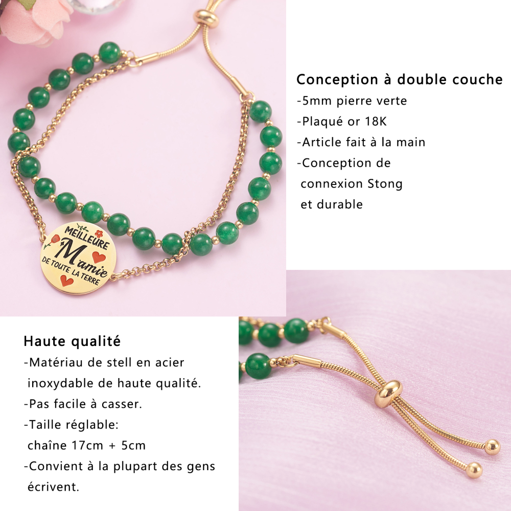 LParkin Double Perlage Grand Meres Bracelet Acier Inoxydable Réglable, Cadeau Mamie Original Anniversaire Fete Des Mamies, Ornements Pour grand mere, Or
