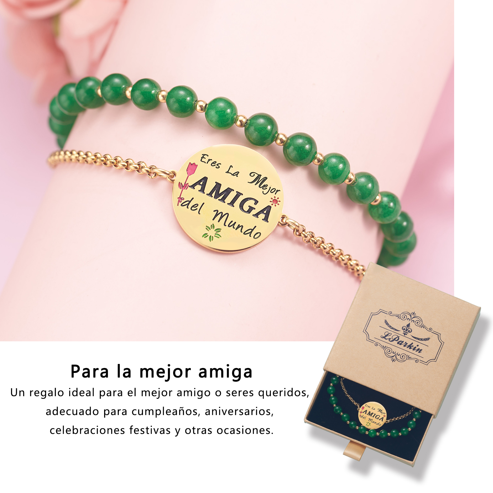 LParkin Doble Cuenta Pulseras Amistad Acero Inoxidable, Pulsera Niña Personalizada Ajustable, Regalos Cumpleaños Original, Oro