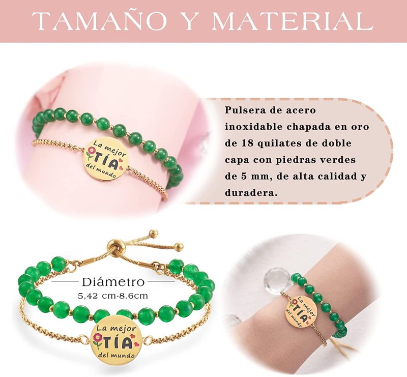 LParkin Doble Cuenta Pulsera Regalos la mejor Tía del mundo, Pulsera Personalizada Mujer Acero Inoxidable Ajustable, Regalo Cumpleaños Original, Oro