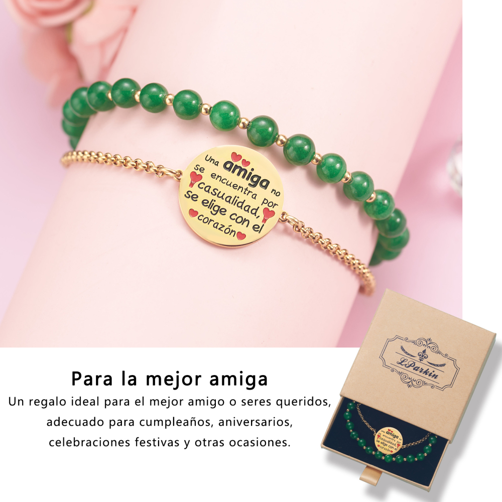 LParkin Doble Cuenta Pulseras Amistad Acero Inoxidable, Pulsera Niña Personalizada Ajustable, Regalos Cumpleaños Original, Oro