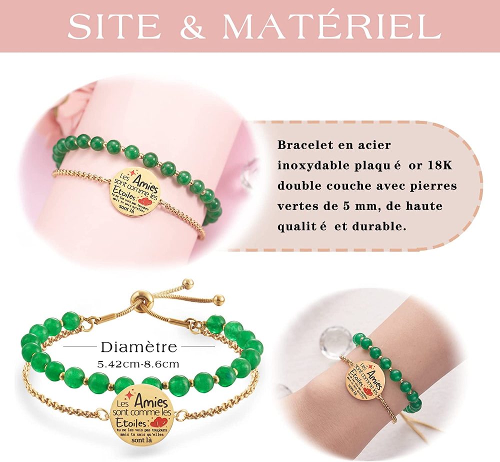 LParkin Double Perlage Bracelet Amitié Acier Inoxydable Réglable, Cadeau Amie Original Anniversaire Noel, Ornements Pour Meilleur Amie Homme Femme, Or