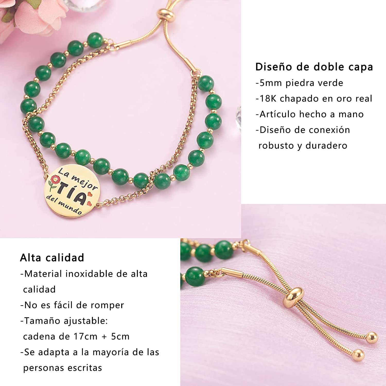 LParkin Doble Cuenta Pulsera Regalos la mejor Tía del mundo, Pulsera Personalizada Mujer Acero Inoxidable Ajustable, Regalo Cumpleaños Original, Oro