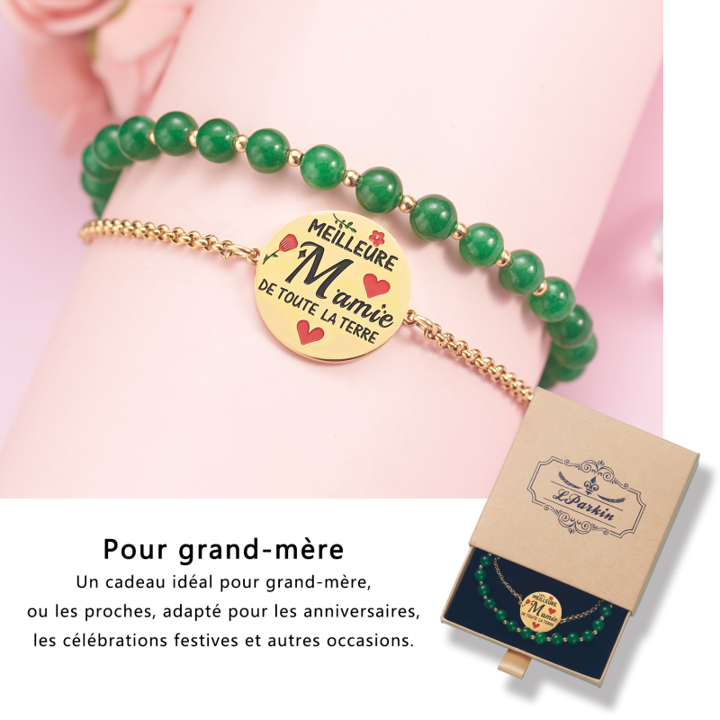 LParkin Double Perlage Grand Meres Bracelet Acier Inoxydable Réglable, Cadeau Mamie Original Anniversaire Fete Des Mamies, Ornements Pour grand mere, Or