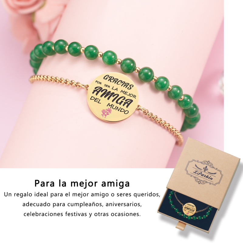 LParkin Doble Cuenta Pulseras Amistad Acero Inoxidable, Pulsera Niña Personalizada Ajustable, Regalos Cumpleaños Original, Oro