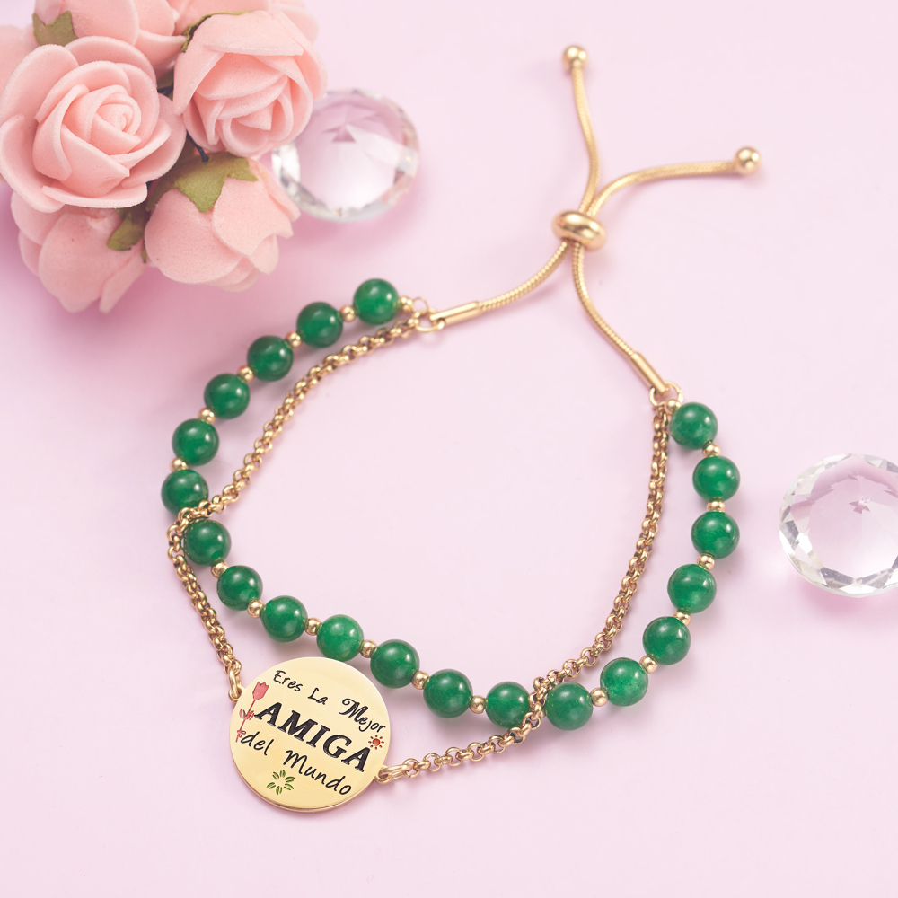 LParkin Doble Cuenta Pulseras Amistad Acero Inoxidable, Pulsera Niña Personalizada Ajustable, Regalos Cumpleaños Original, Oro