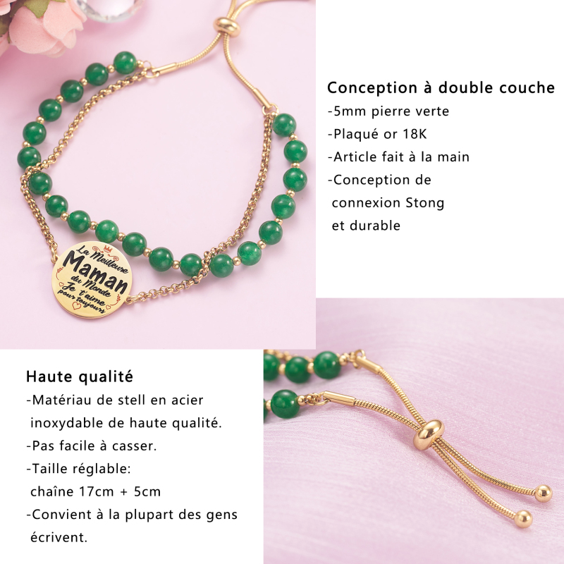 LParkin Double Perlage Maman Bracelet Acier Inoxydable Réglable, Original Cadeau Pour Maman Fete Des Meres Anniversaire Ornements Pour Maman, Or