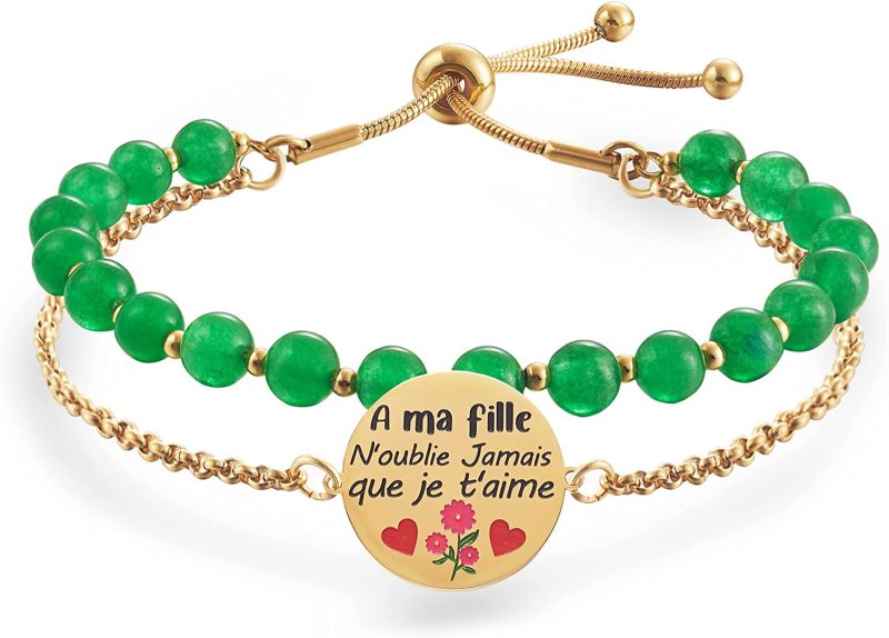 LParkin Double Perlage Maman Bracelet Acier Inoxydable Réglable, Original Cadeau Pour Maman Fete Des Meres Anniversaire Ornements Pour Maman, Or