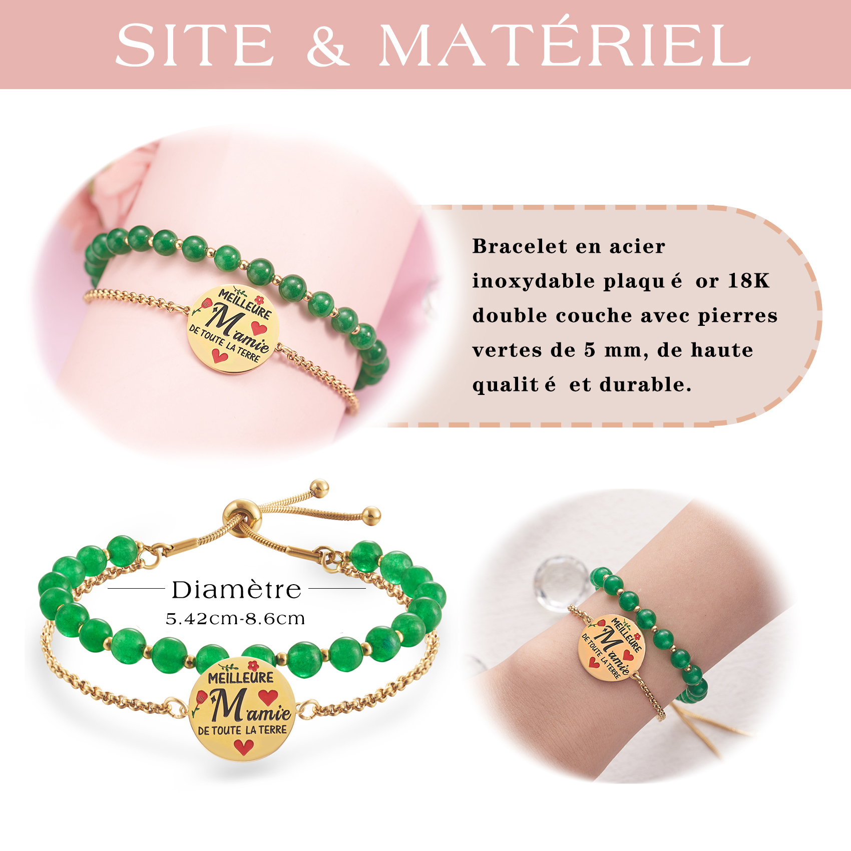 LParkin Double Perlage Grand Meres Bracelet Acier Inoxydable Réglable, Cadeau Mamie Original Anniversaire Fete Des Mamies, Ornements Pour grand mere, Or