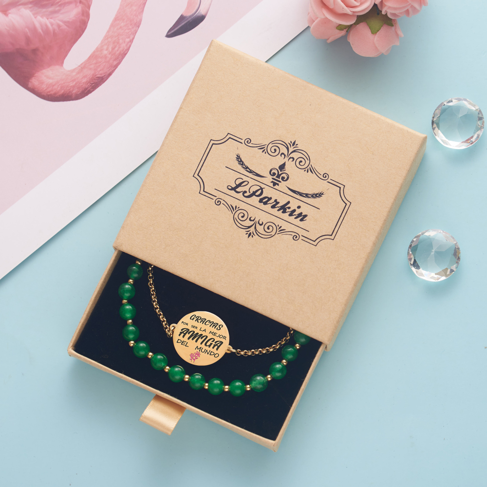 LParkin Doble Cuenta Pulseras Amistad Acero Inoxidable, Pulsera Niña Personalizada Ajustable, Regalos Cumpleaños Original, Oro