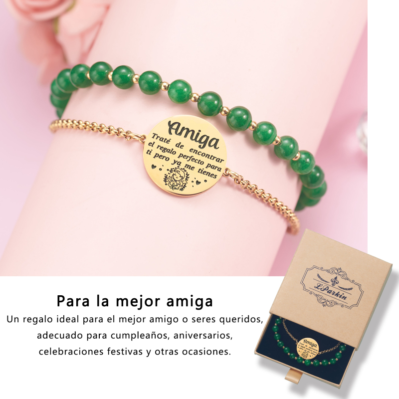 LParkin Doble Cuenta Pulseras Amistad Acero Inoxidable, Pulsera Niña Personalizada Ajustable, Regalos Cumpleaños Original, Oro