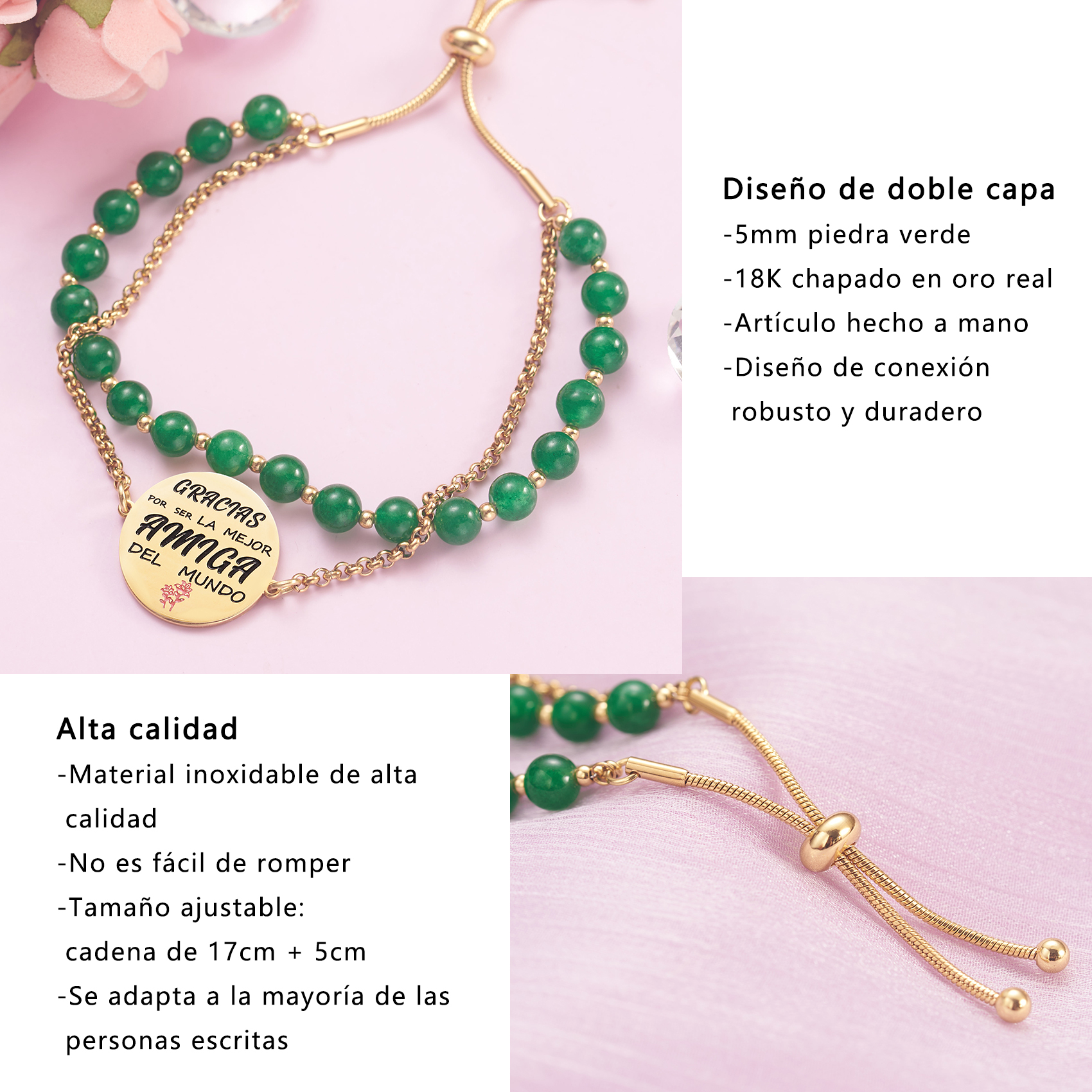 LParkin Doble Cuenta Pulseras Amistad Acero Inoxidable, Pulsera Niña Personalizada Ajustable, Regalos Cumpleaños Original, Oro