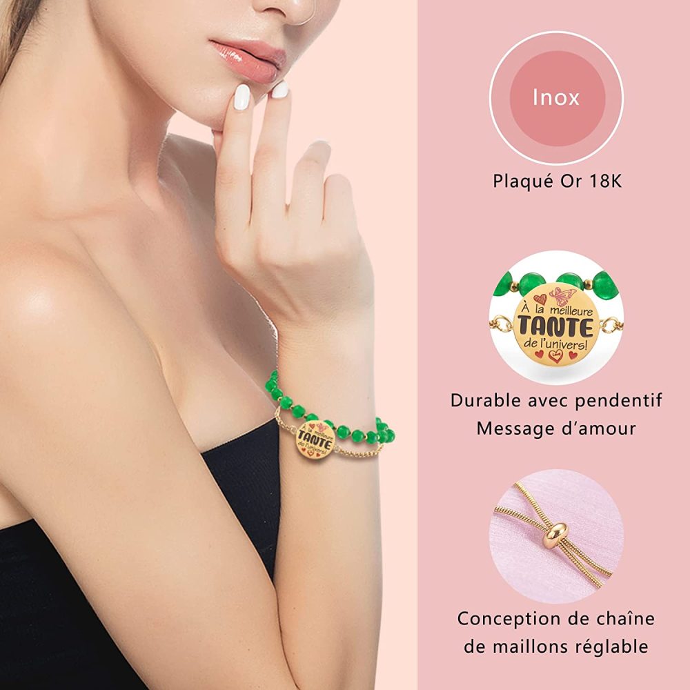 LParkin Double Perlage Bracelet Tante Acier Inoxydable Réglable, Original Cadeau Tata Anniversaire Fete Des Meres Noël, Cadeau Journée Du Souvenir, Ornements Pour Tante, Or