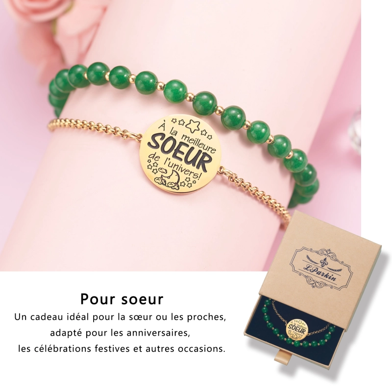 LParkin Double Perlage Bracelet Soeur Acier Inoxydable Réglable, Cadeau Soeur Original Anniversaire Noel, Ornements Pour Soeur, Or