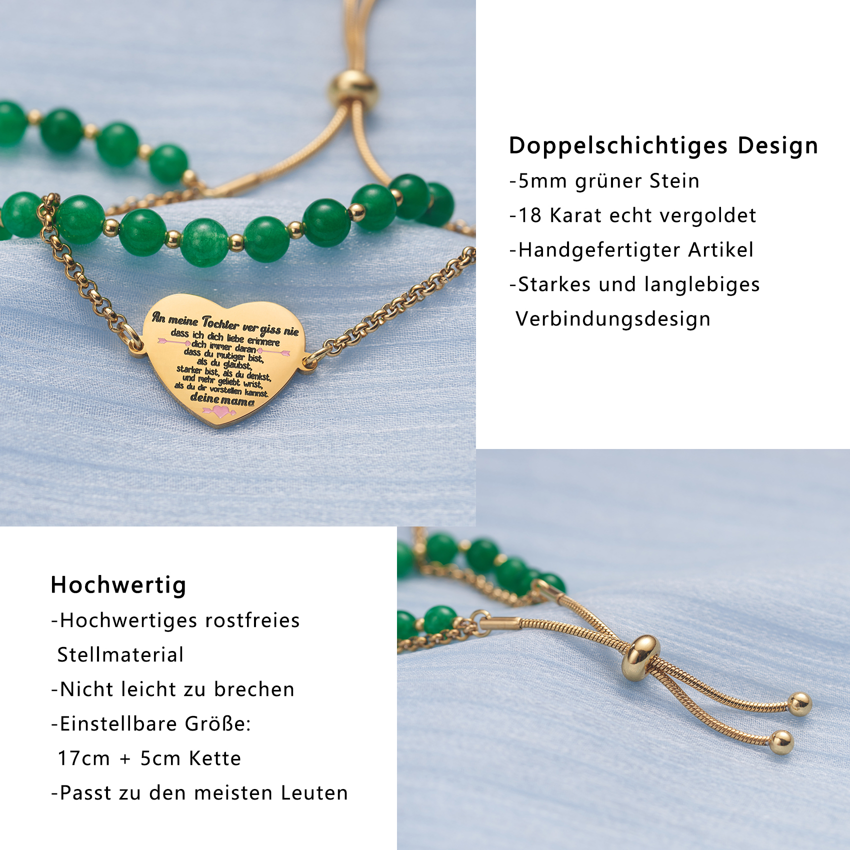 LParkin Doppelt Geperlt Mutter Armband Rostfreier Stahl Einstellbar, Personalisiert Geschenke für Mama, Geburtstagsgeschenk, Muttertagsgeschenk, Gold