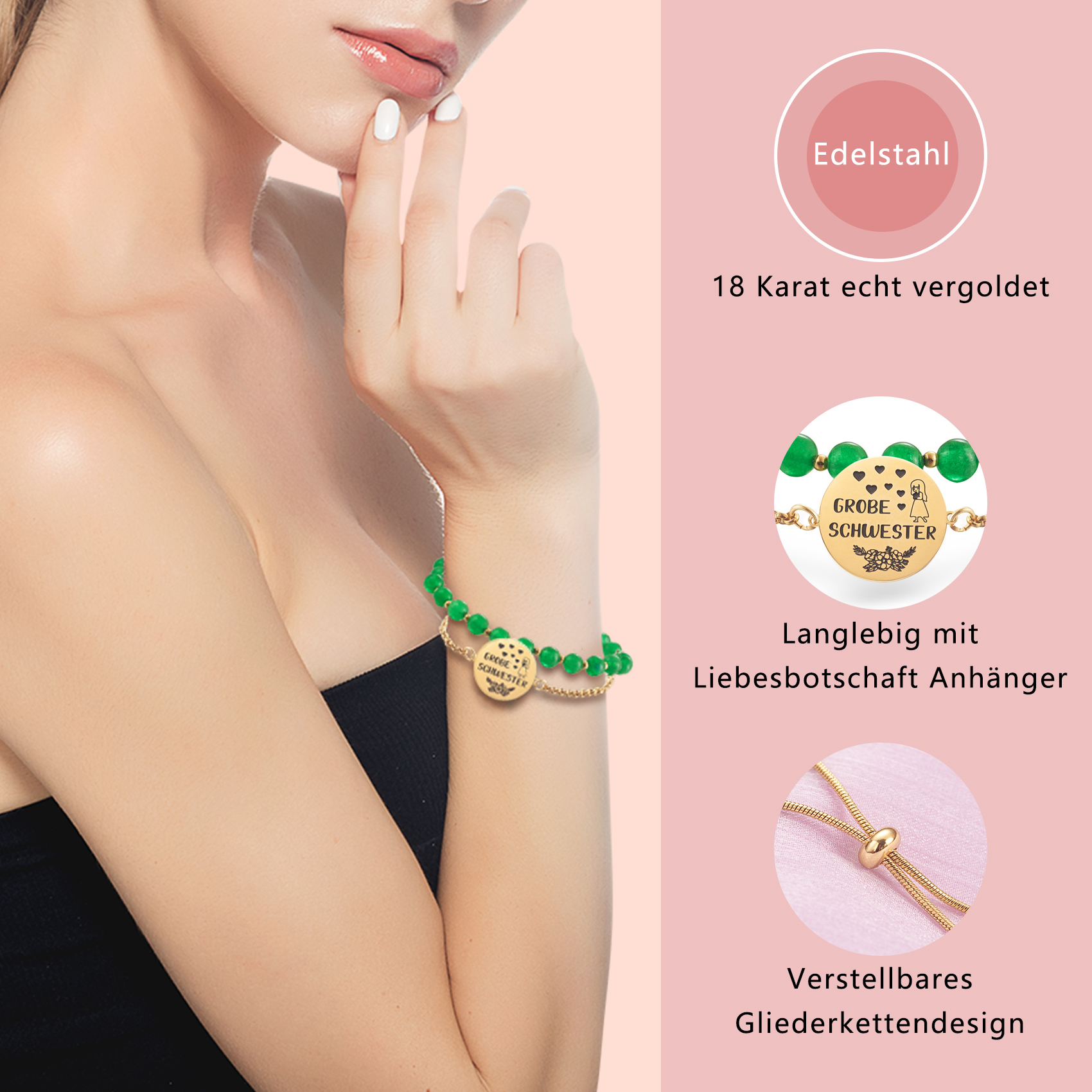 LParkin Doppelt Geperlt Schwester Armband Rostfreier Stahl Einstellbar, Schwester Geschenk Schmuck, Geburtstagsgeschenk Personalisiert