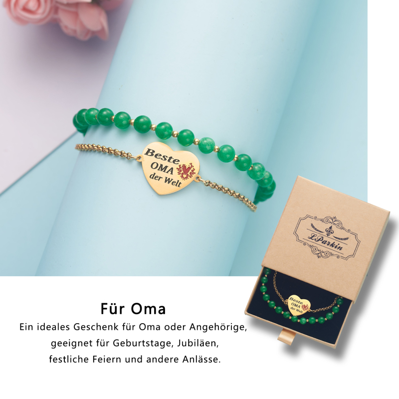 LParkin Doppelt Geperlt Oma Armband Rostfreier Stahl Einstellbar, Oma Geschenke zum Geburtstag, Muttertag Oma Geschenk