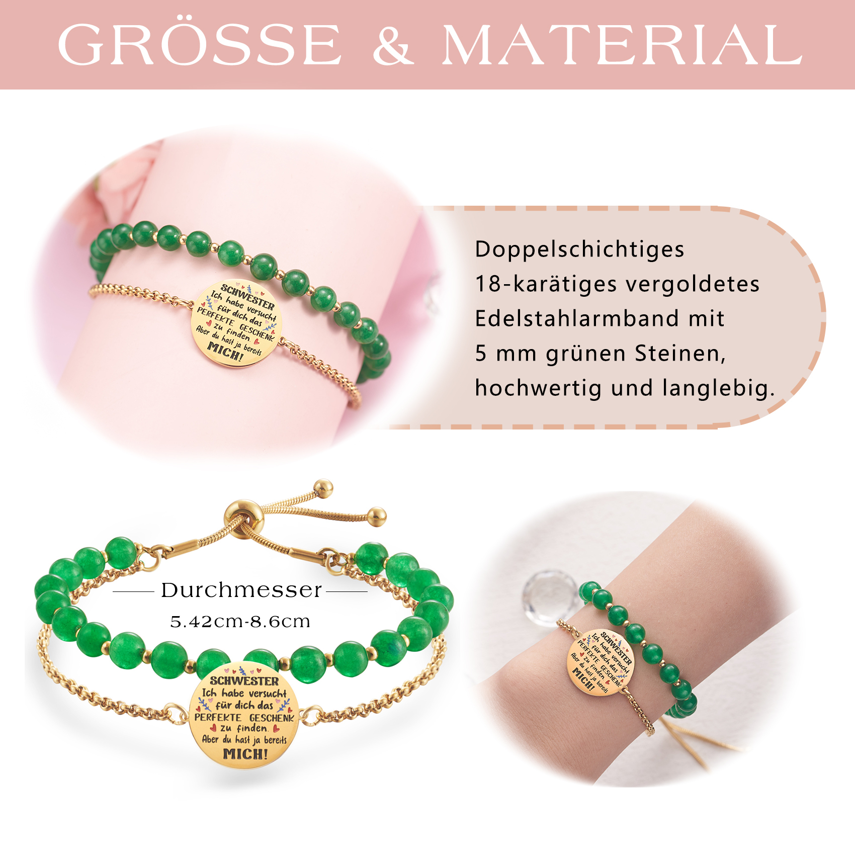 LParkin Doppelt Geperlt Schwester Armband Rostfreier Stahl Einstellbar, Schwester Geschenk Schmuck, Geburtstagsgeschenk Personalisiert