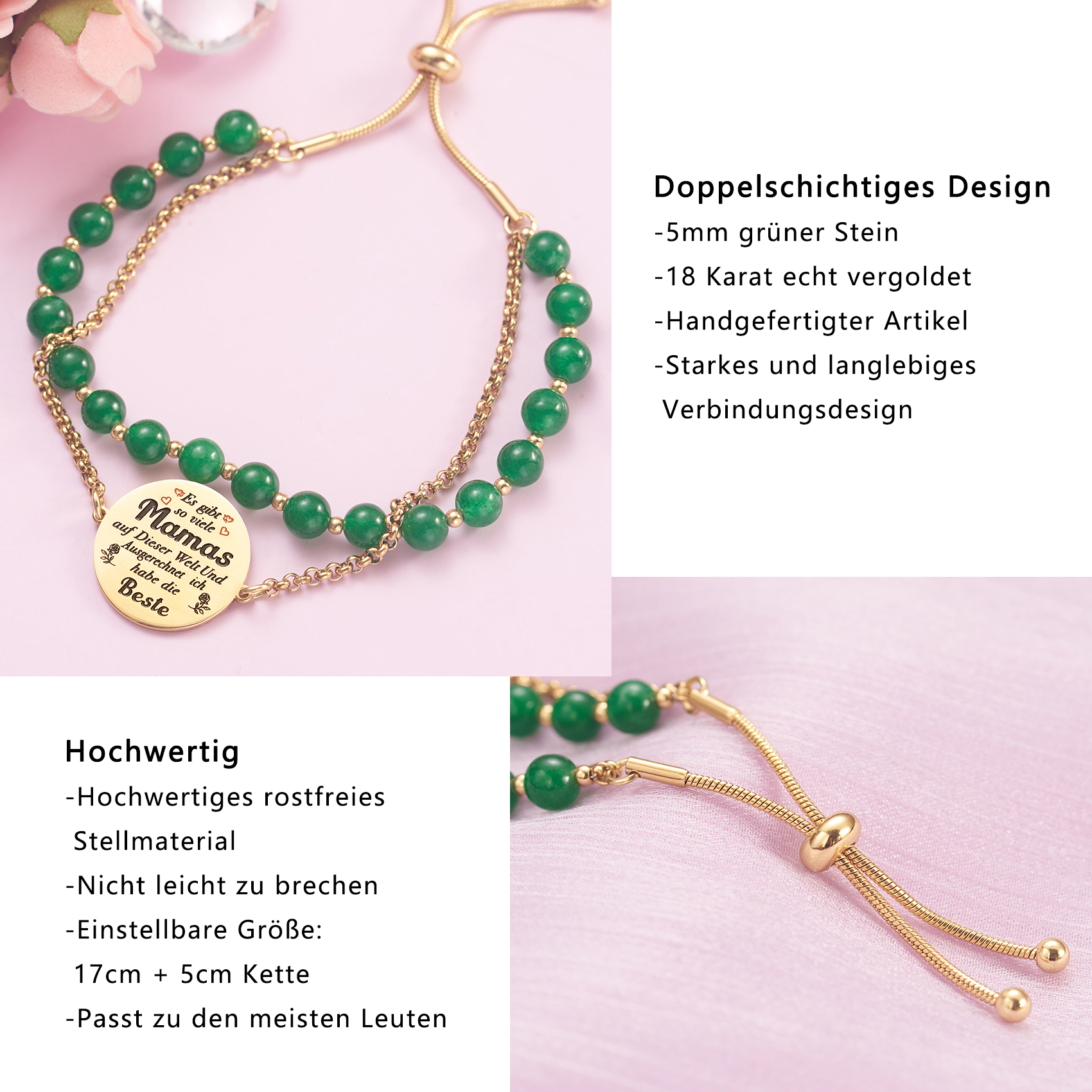 LParkin Doppelt Geperlt Mutter Armband Rostfreier Stahl Einstellbar, Personalisiert Geschenke für Mama, Geburtstagsgeschenk, Muttertagsgeschenk, Gold