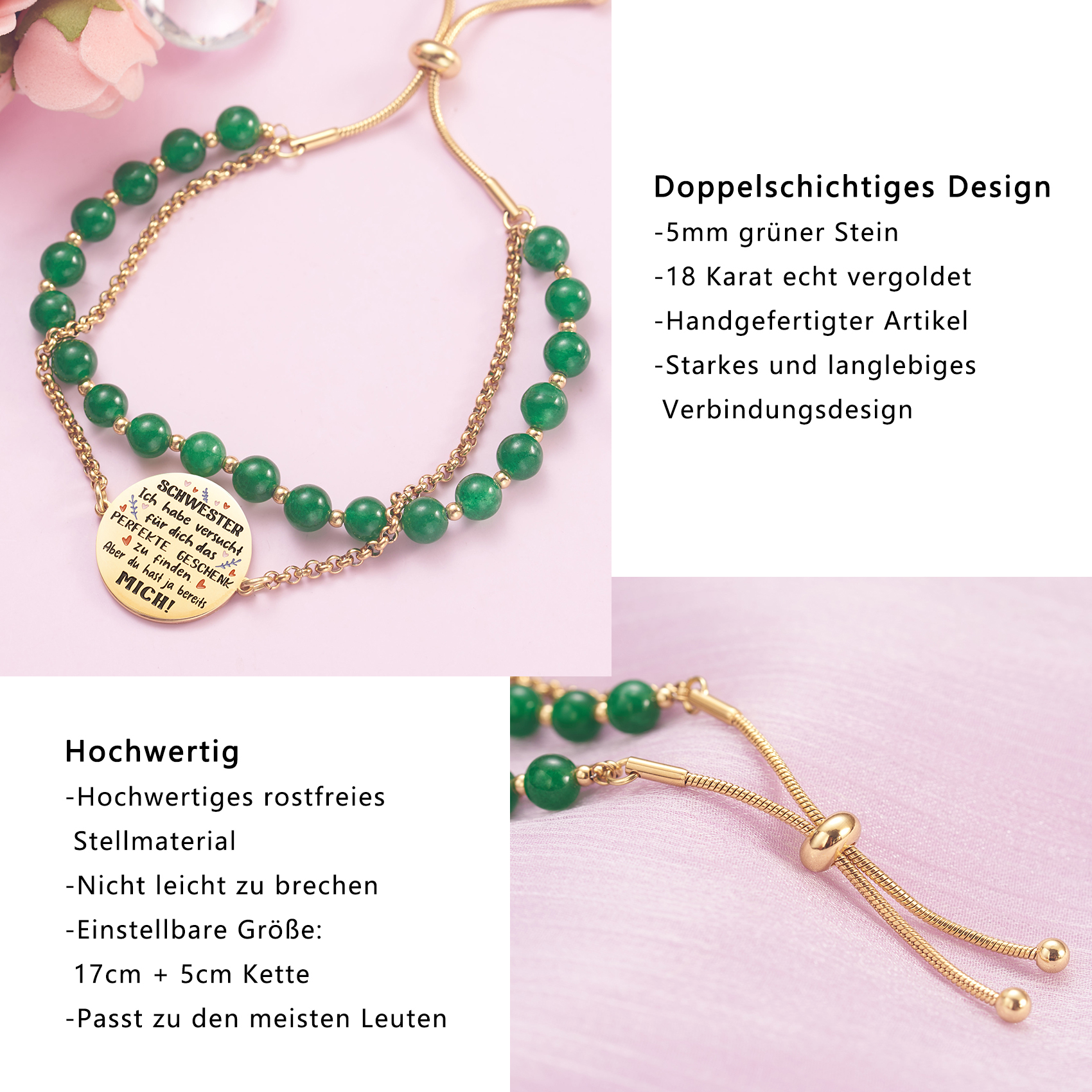 LParkin Doppelt Geperlt Schwester Armband Rostfreier Stahl Einstellbar, Schwester Geschenk Schmuck, Geburtstagsgeschenk Personalisiert