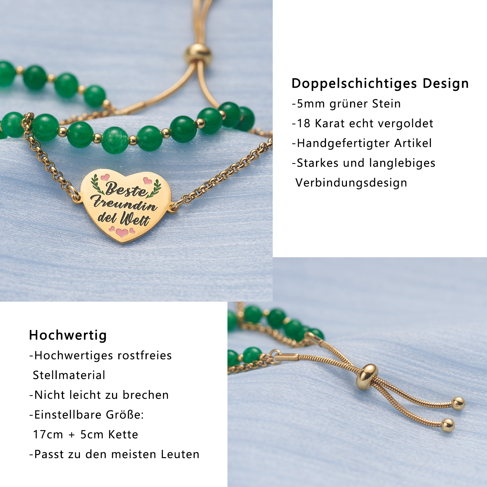 LParkin Doppelt Geperlt Armband Beste Freundin Rostfreier Stahl Einstellbar, Beste Freundin Geburtstag Geschenke Personalisierte Männer Frauen, Gold