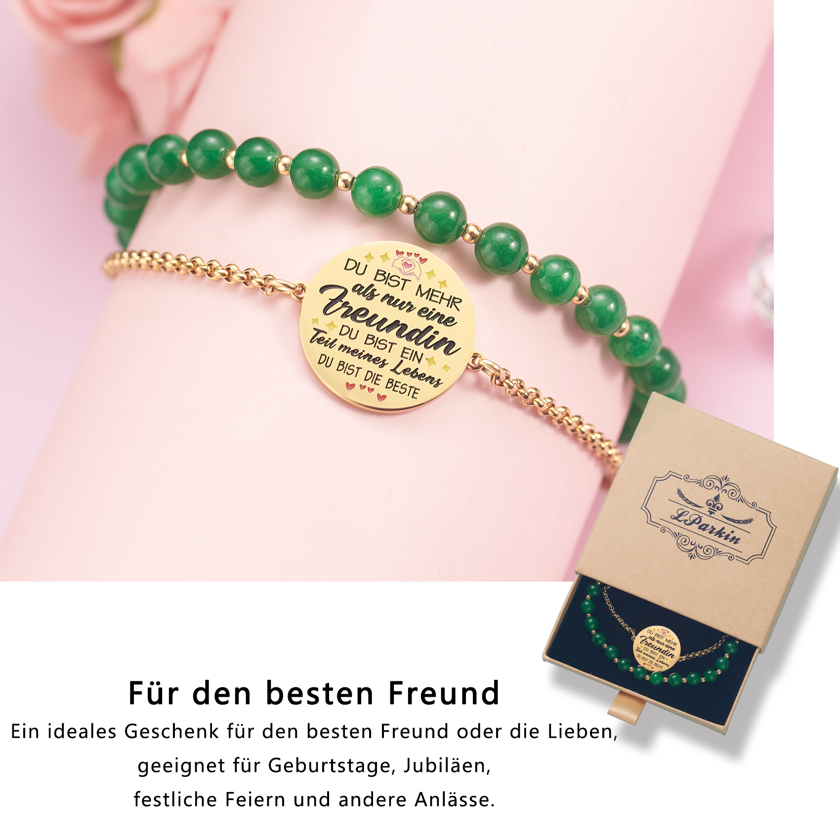 LParkin Doppelt Geperlt Armband Beste Freundin Rostfreier Stahl Einstellbar, Beste Freundin Geburtstag Geschenke Personalisierte Männer Frauen, Gold