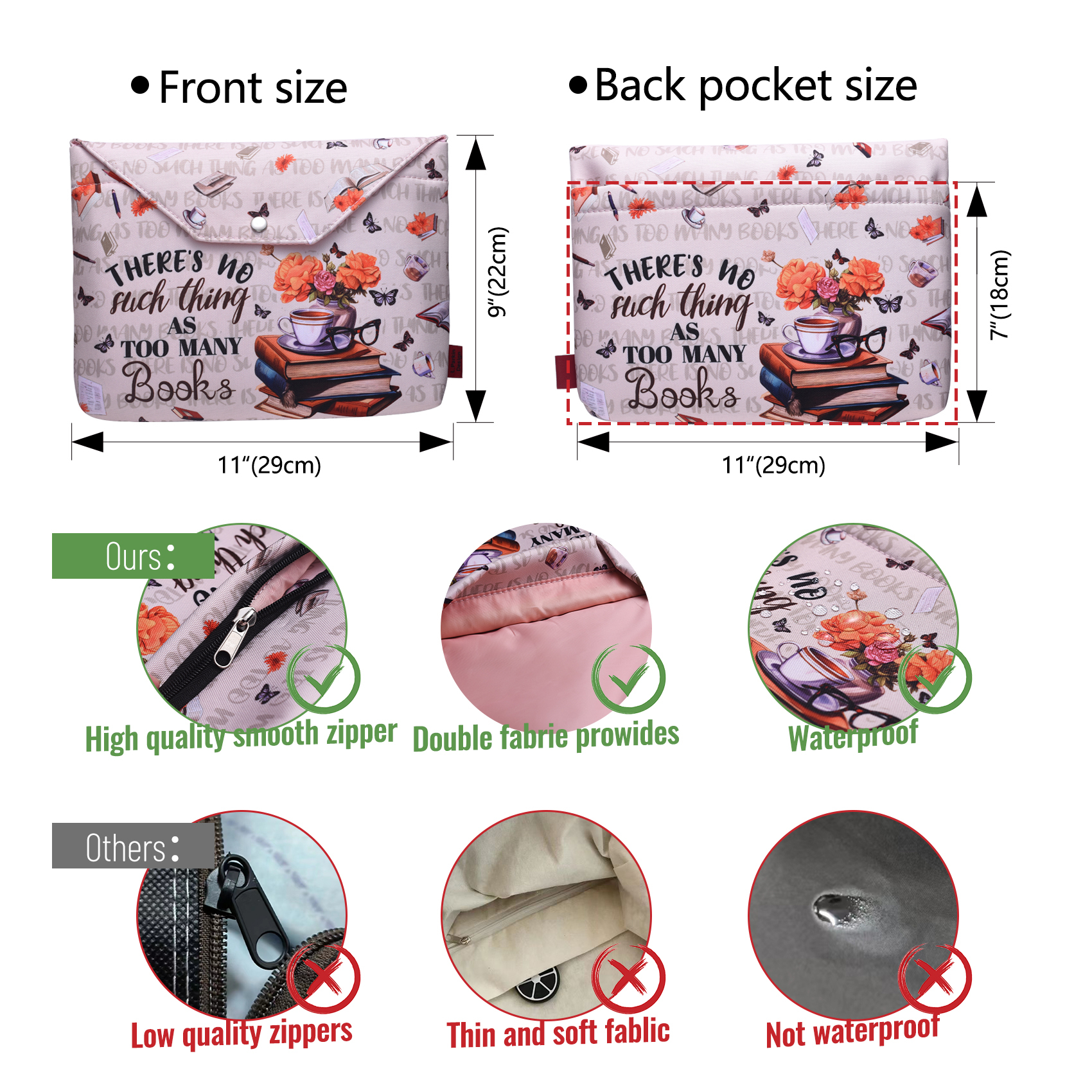 LParkin Book Sleeve with Zipper for Book Lovers Protector Cover with Padded Washable Fabric Medium 11 Inch X 9 Inch (So Many Books So Little Time)
