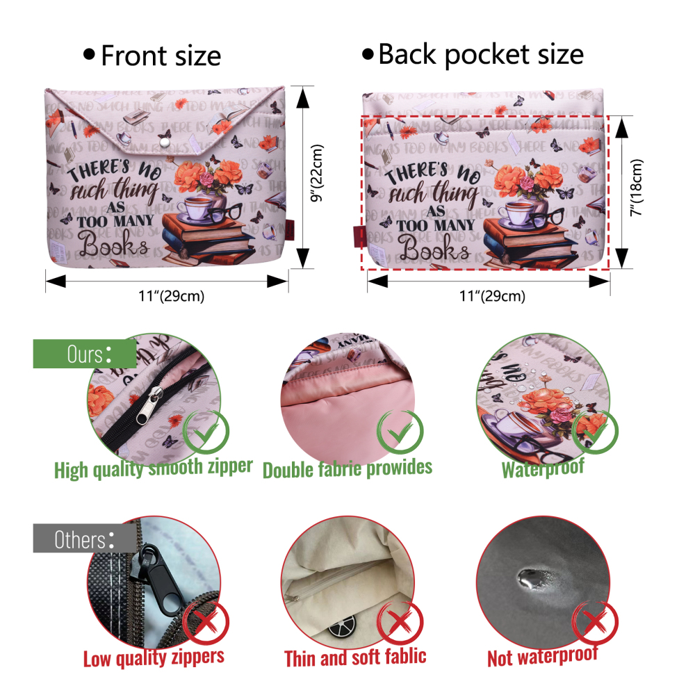 LParkin Book Sleeve with Zipper for Book Lovers Protector Cover with Padded Washable Fabric Medium 11 Inch X 9 Inch (So Many Books So Little Time)