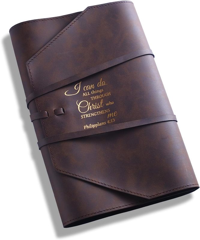 LParkin Leather Bible Cover for Men and Women I CAN DO All Things Through Christ WHO Strengthens Me Bible Wrap Around Strap Bible Cover Gifts