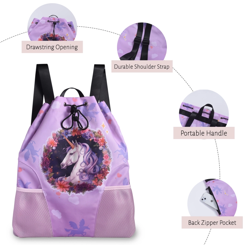 LParkin Drawstring Gym Bag with Handle, Kids Waterproof Swimming Beach Backpack with Dry-Wet Separation, Sports Gym Bag Beach Bags with Wide Straps