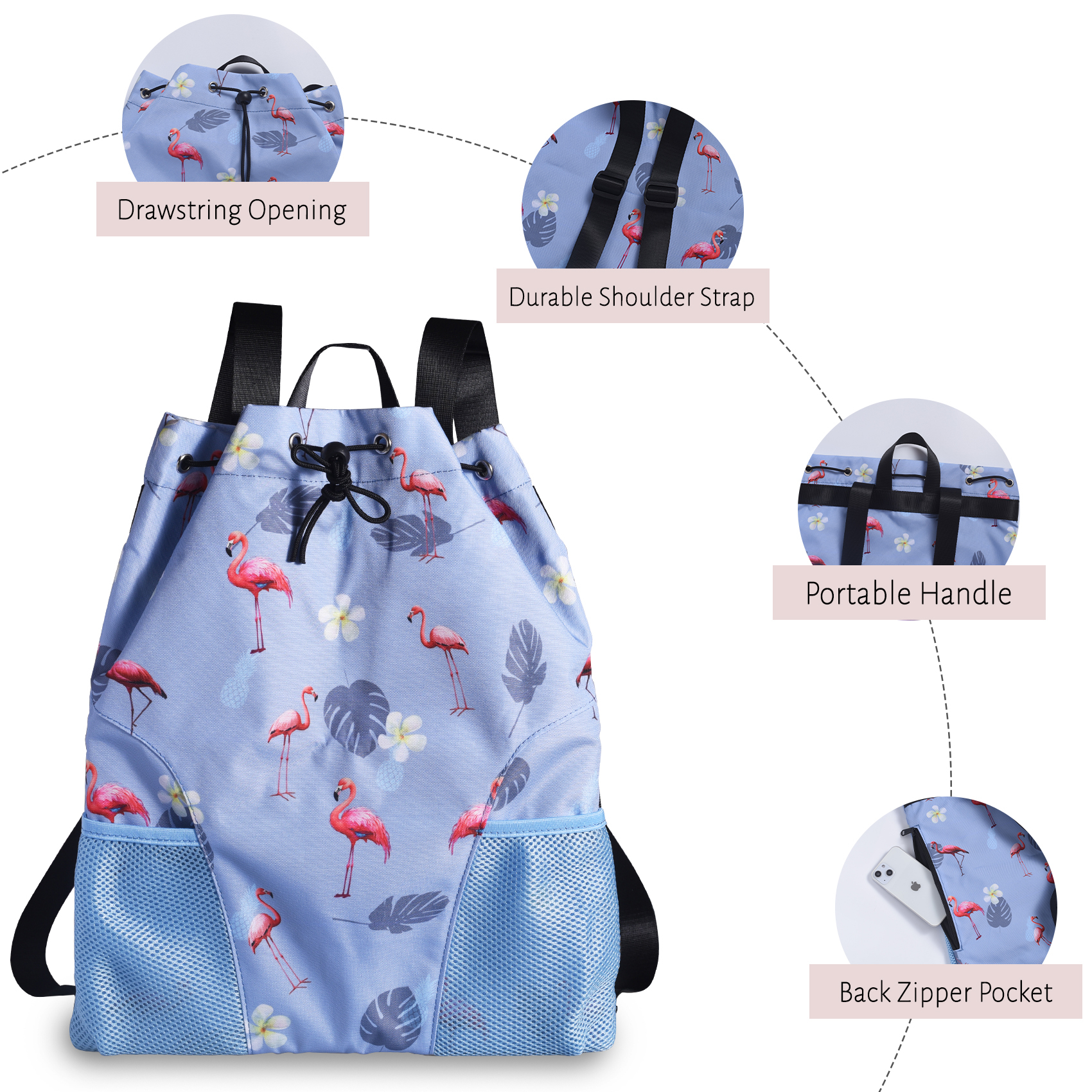 LParkin Drawstring Gym Bag with Handle, Kids Waterproof Swimming Beach Backpack with Dry-Wet Separation, Sports Gym Bag Beach Bags with Wide Straps