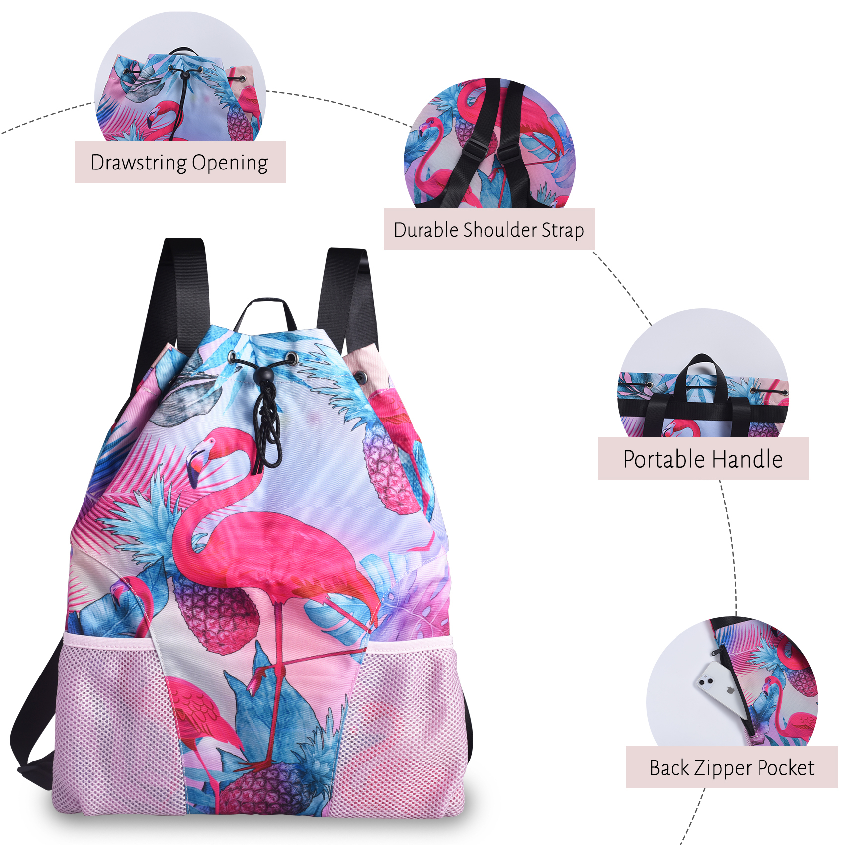 LParkin Drawstring Gym Bag with Handle, Kids Waterproof Swimming Beach Backpack with Dry-Wet Separation, Sports Gym Bag Beach Bags with Wide Straps