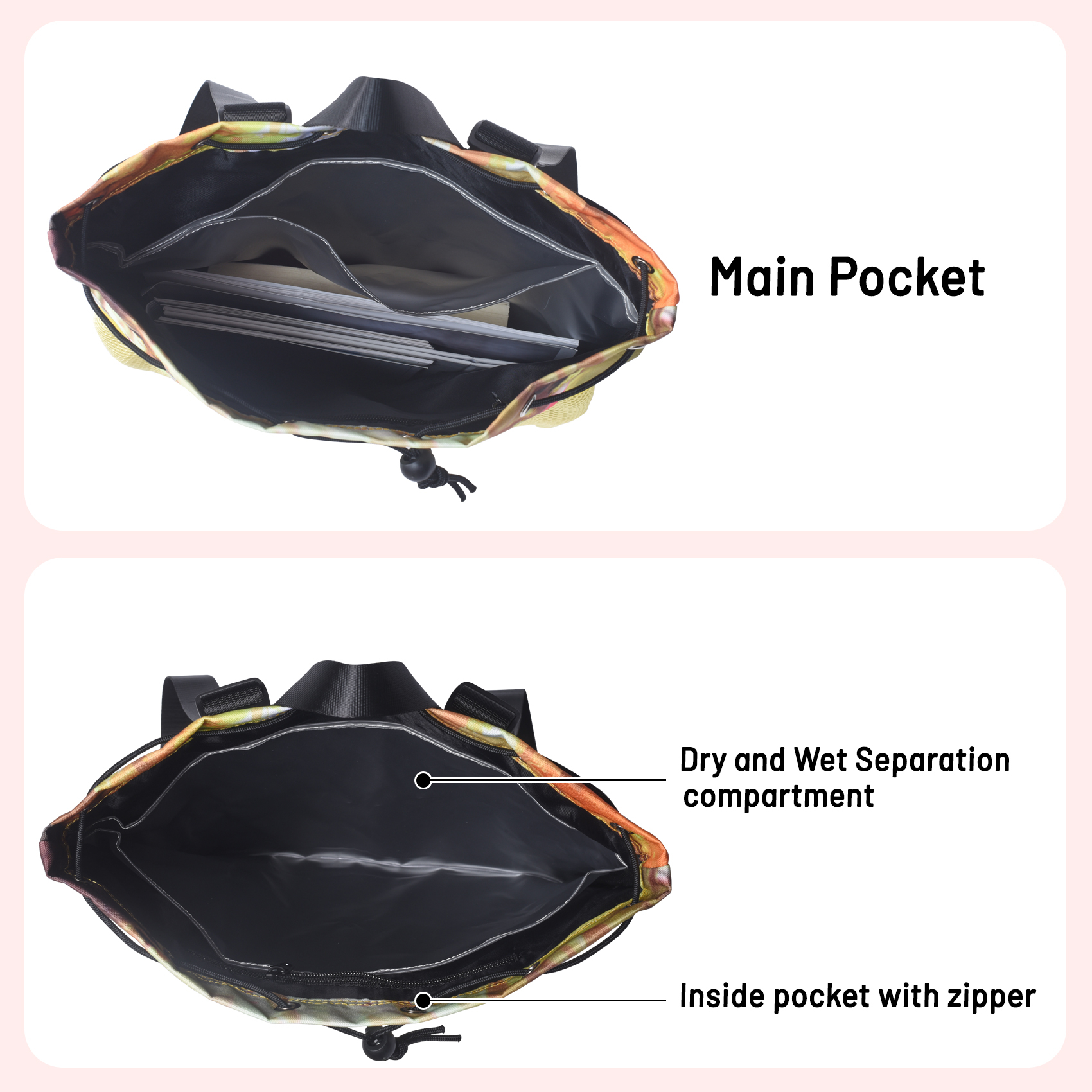 LParkin Drawstring Gym Bag with Handle, Kids Waterproof Swimming Beach Backpack with Dry-Wet Separation, Sports Gym Bag Beach Bags with Wide Straps