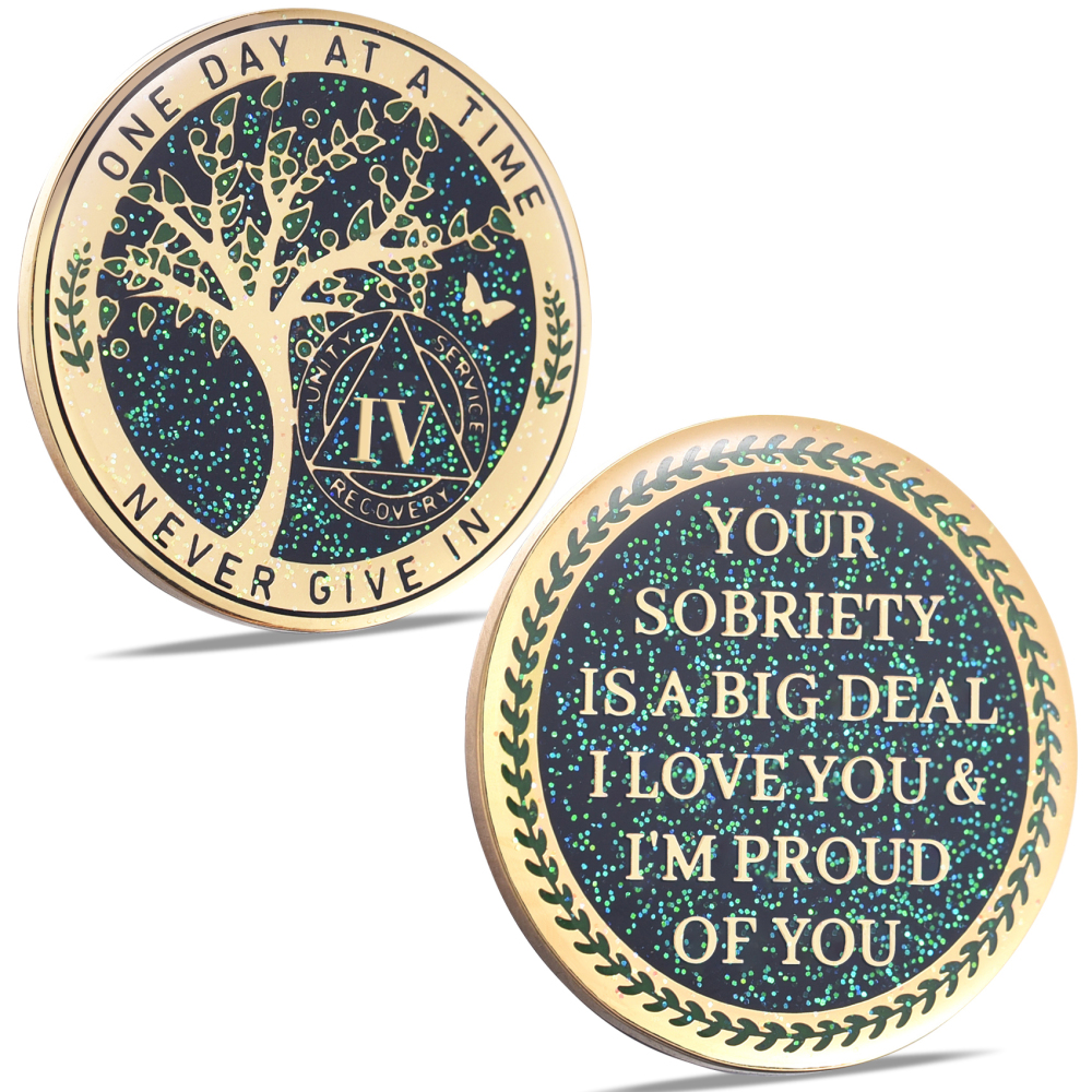LParkin 4 Year Sobriety Coin, 4 Year AA Coin, Sobriety Gifts for Women and Men, Tree of Life Sober Gifts Alcoholics Anonymous Medallion