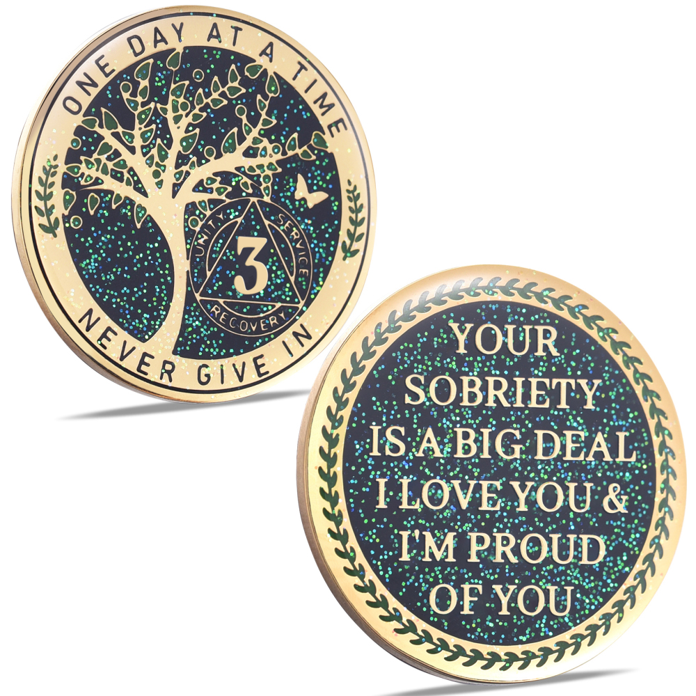 LParkin 3 Year Sobriety Coin, Tree of Life Sobriety Coin, AA Medallion, Sobriety Gifts for Women and Men, Sober Anniversary Token, Alcoholics Anonymous Medallion