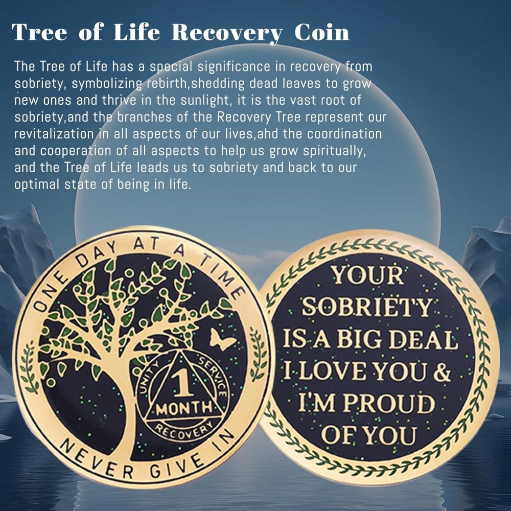 One Month Sobriety Coin AA Chips and Medallions Tree of Life Recovery Coins 30 Days Anniversary Token Sobriety Gifts for Men Women Alcoholics Anonymous Gifts