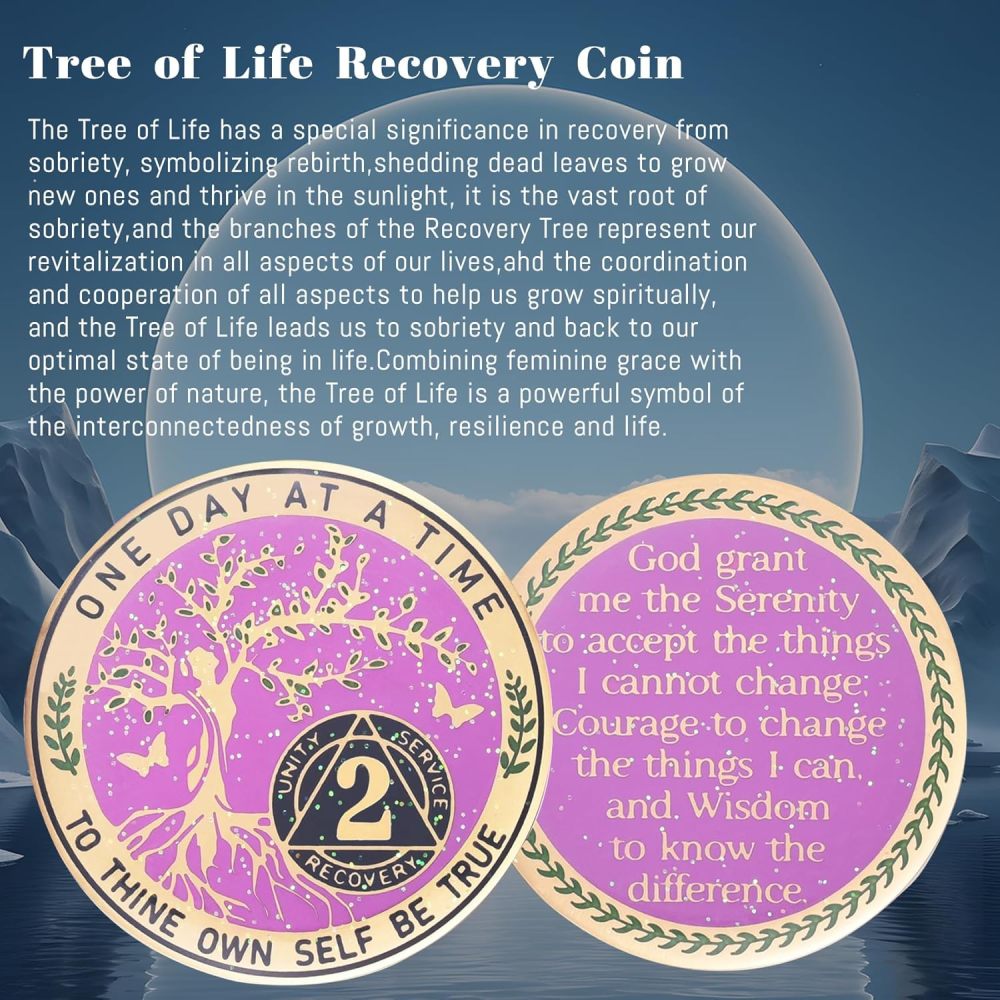 LParkin 2 Year Sobriety Coin, Tree of Life Sobriety Coin, AA Chips and Medallions, Sobriety Gifts for Women, Alcoholics Anonymous Medallion