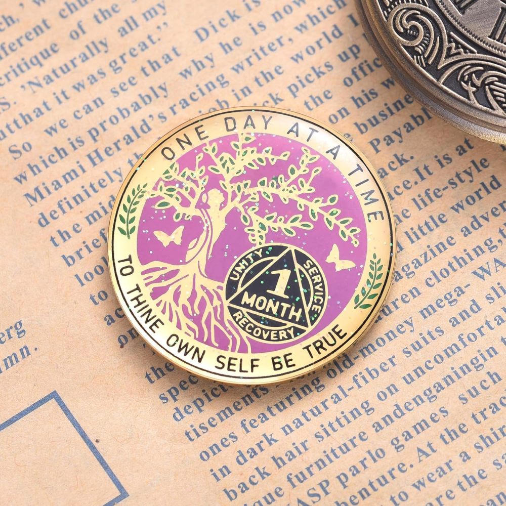 LParkin 1 Month Sobriety Coin, Tree of Life Sobriety Coin, Sobriety Gifts for Women, 30 Day Sobriety Chip, Alcoholics Anonymous Medallion