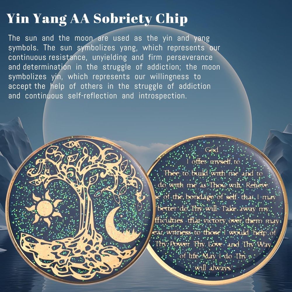 LParkin Tree of Life Sobriety Coin, Sun and Moon Yin Yang Sobriety Chip, AA Recovery Medallion, Alcoholics Anonymous Medallion, Anniversary Token Sobriety Gifts for Men Women