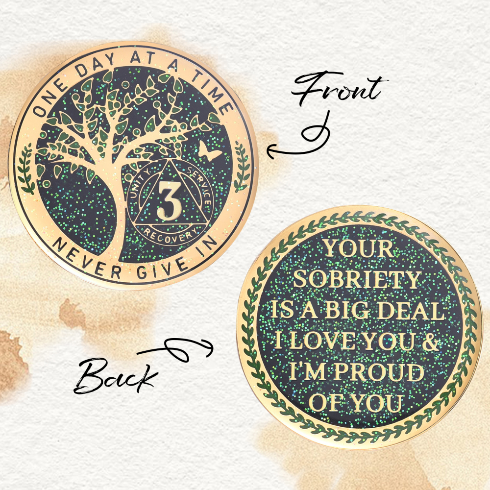 LParkin 3 Year Sobriety Coin, Tree of Life Sobriety Coin, AA Medallion, Sobriety Gifts for Women and Men, Sober Anniversary Token, Alcoholics Anonymous Medallion
