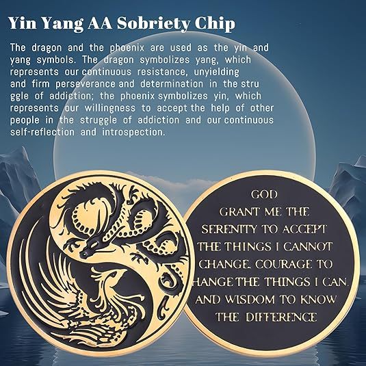 LParkin Dragon and Phoenix Yin Yang Sobriety Chip AA Coins and Medallions, Alcoholics Anonymous Medallion, Token Sobriety Gifts for Men Women