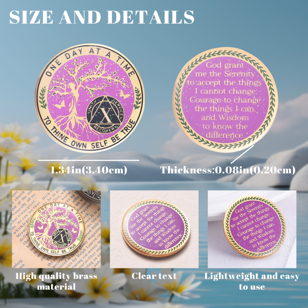 LParkin 10 Year Sobriety Coin, Tree of Life Sobriety Coin, Inspirational AA Coin Sober Gifts, Sober Anniversary Token for Women, Alcoholics Anonymous Medallion