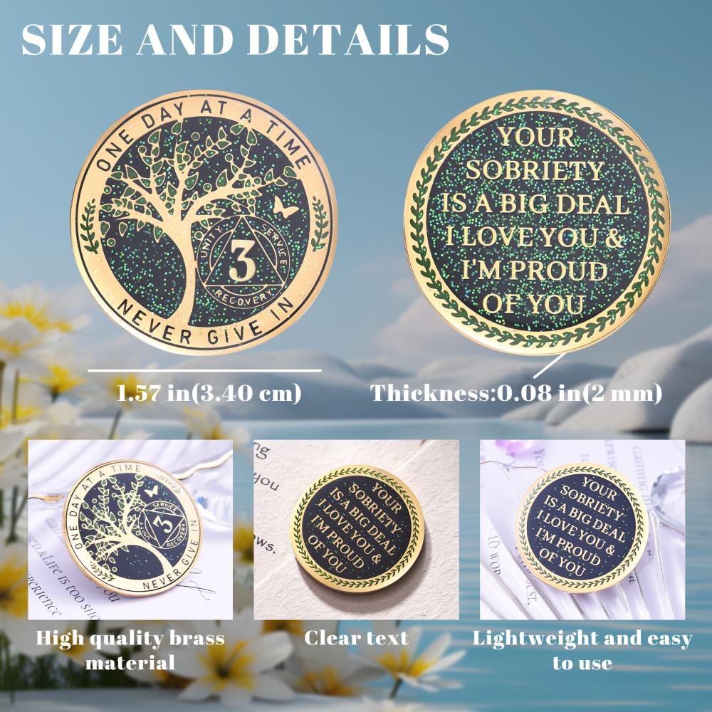 LParkin 3 Year Sobriety Coin, Tree of Life Sobriety Coin, AA Medallion, Sobriety Gifts for Women and Men, Sober Anniversary Token, Alcoholics Anonymous Medallion