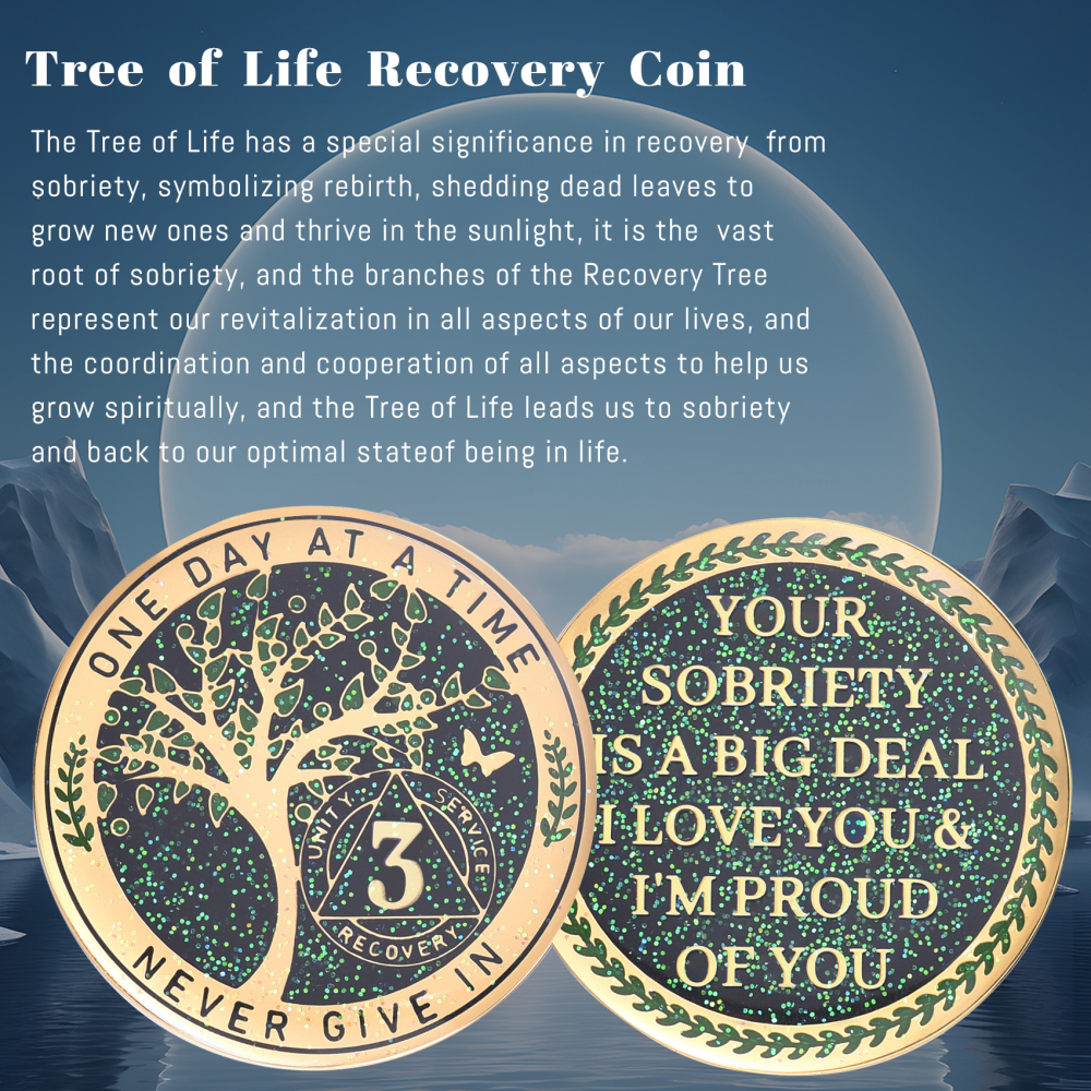LParkin 3 Year Sobriety Coin, Tree of Life Sobriety Coin, AA Medallion, Sobriety Gifts for Women and Men, Sober Anniversary Token, Alcoholics Anonymous Medallion