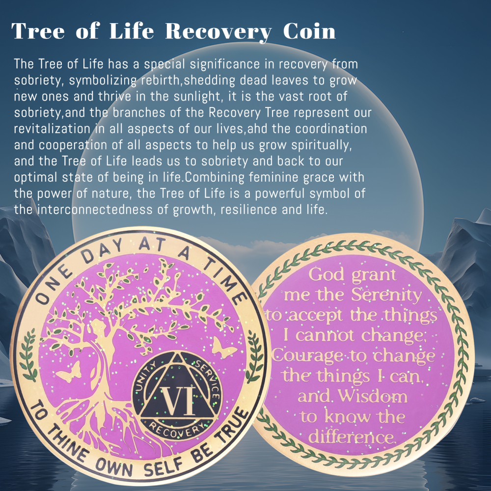LParkin 6 Year Sobriety Coin, Tree of Life Sobriety Coin, Inspirational AA Coin, Sobriety Gifts for Women, Alcoholics Anonymous Medallion