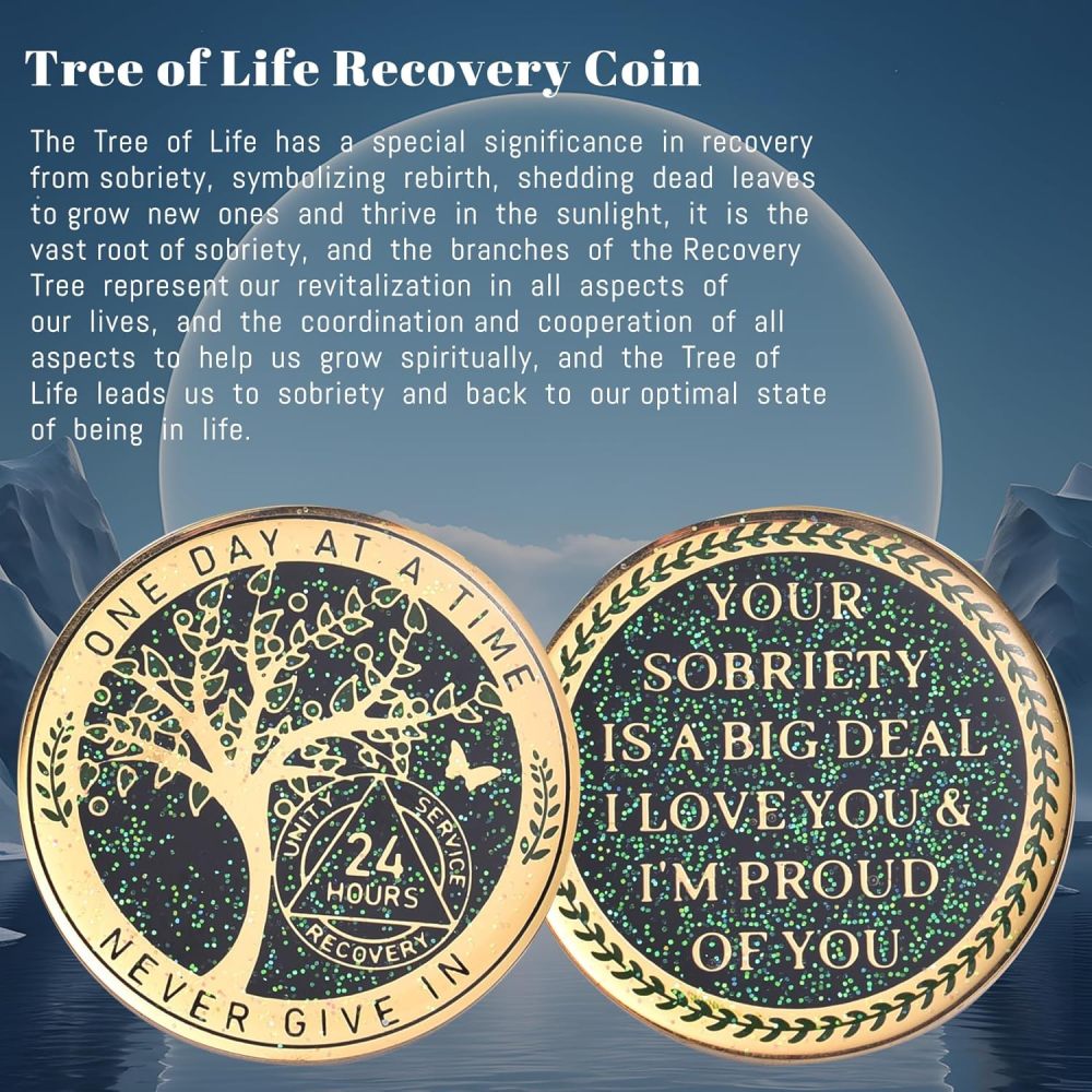 LParkin 24 Hours Sobriety Chip, Tree of Life Recovery Coin, AA Recovery Medallion, Anniversary Token Sobriety Gifts, Alcoholics Anonymous Medallion