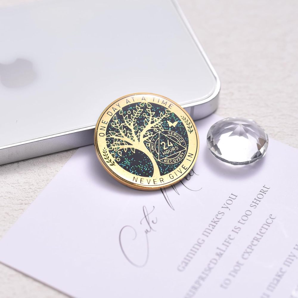 LParkin 24 Hours Sobriety Chip, Tree of Life Recovery Coin, AA Recovery Medallion, Anniversary Token Sobriety Gifts, Alcoholics Anonymous Medallion