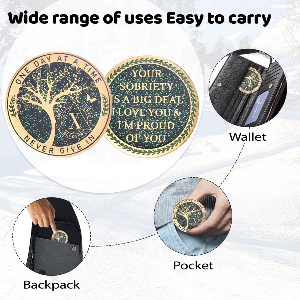 LParkin 10 Year Sobriety Coin, Tree of Life Sobriety Coin, 10 Year AA Coin, Sobriety Gifts for Men and Women, 10 Year Sober Anniversary Token, Alcoholics Anonymous Medallion